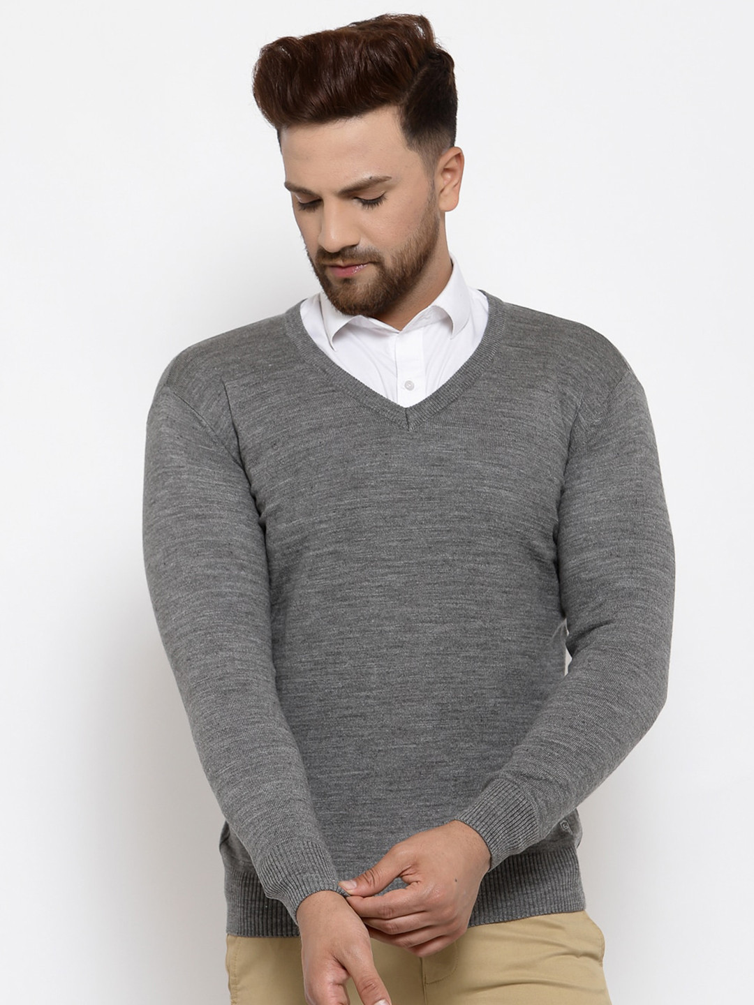 513 Men Grey Melange Solid Sweaters