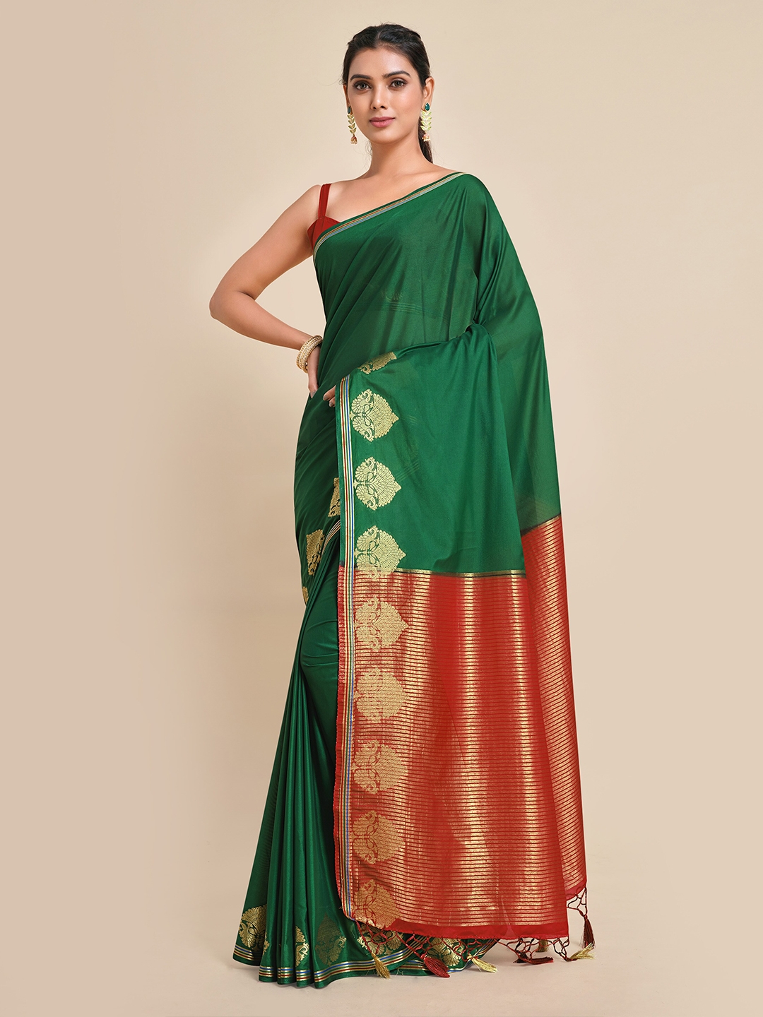 Buy MIMOSA Green & Red Zari Mysore Silk Saree -  - Apparel for Women