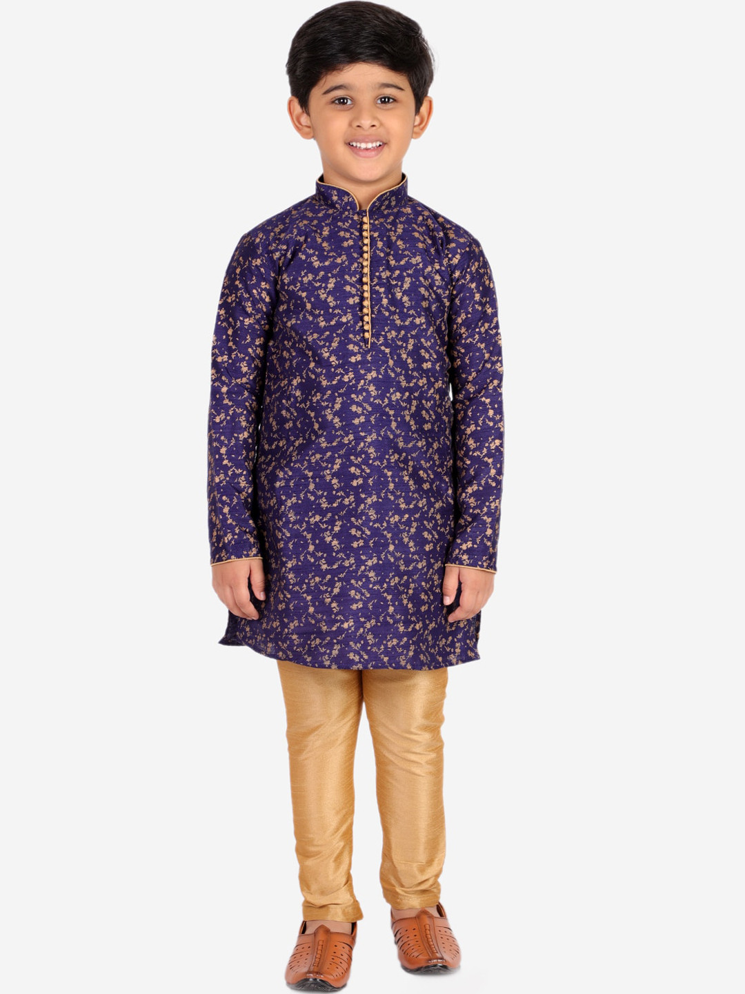 Pro-Ethic STYLE DEVELOPER Boys Blue & Gold-Coloured Floral Printed Kurta with Pyjamas