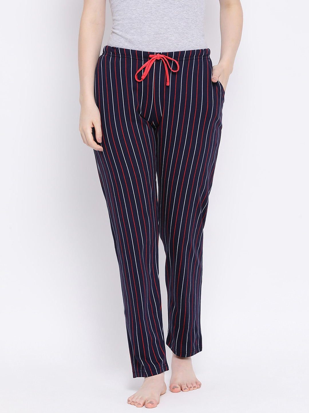 Kanvin Women Navy Blue & Red Striped Cotton Lounge Pants