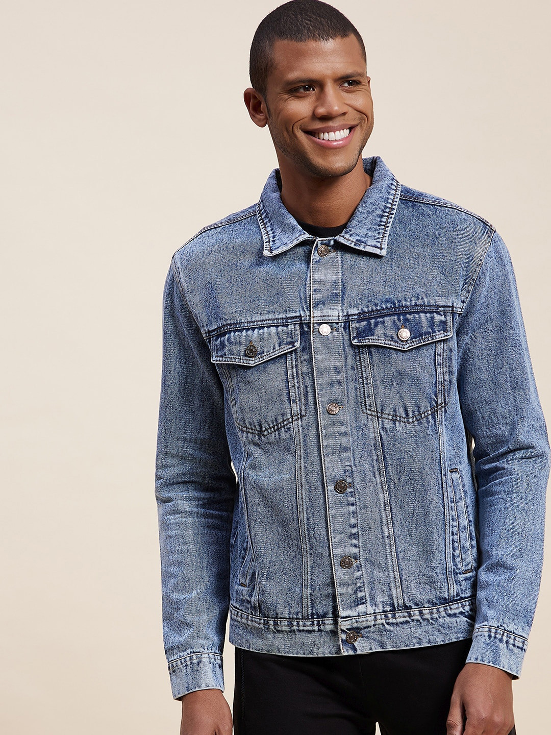 MASCLN SASSAFRAS Men Blue Washed Denim Jacket
