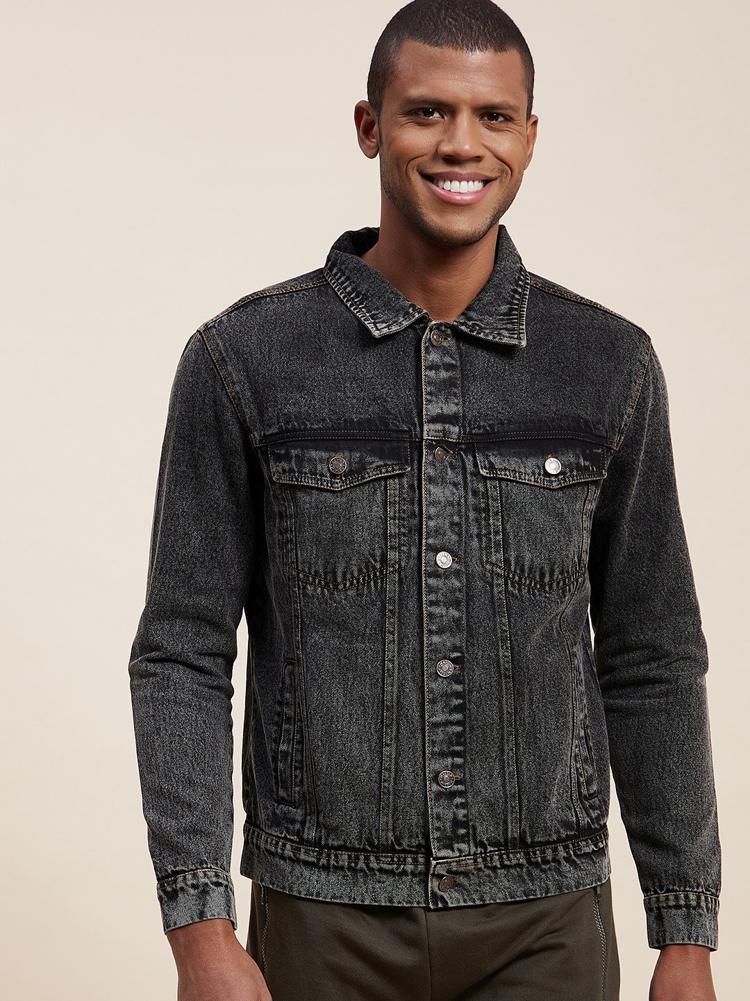 MASCLN SASSAFRAS Men Black Washed Denim Jacket