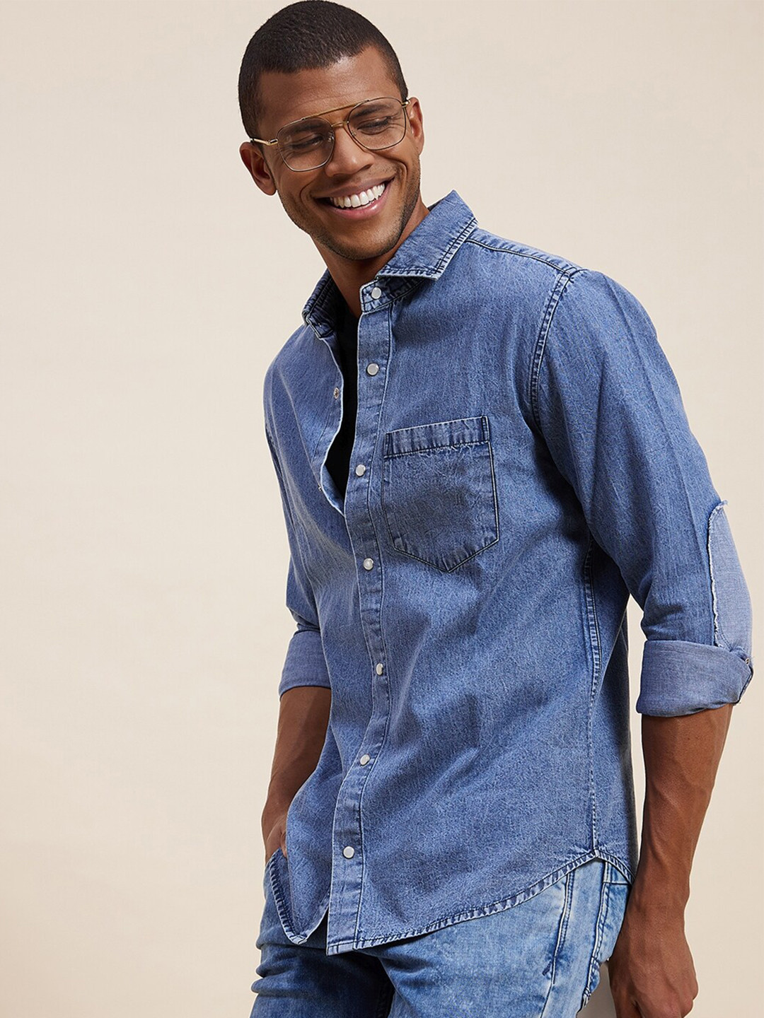 MASCLN SASSAFRAS Men Navy Blue Faded Casual Shirt