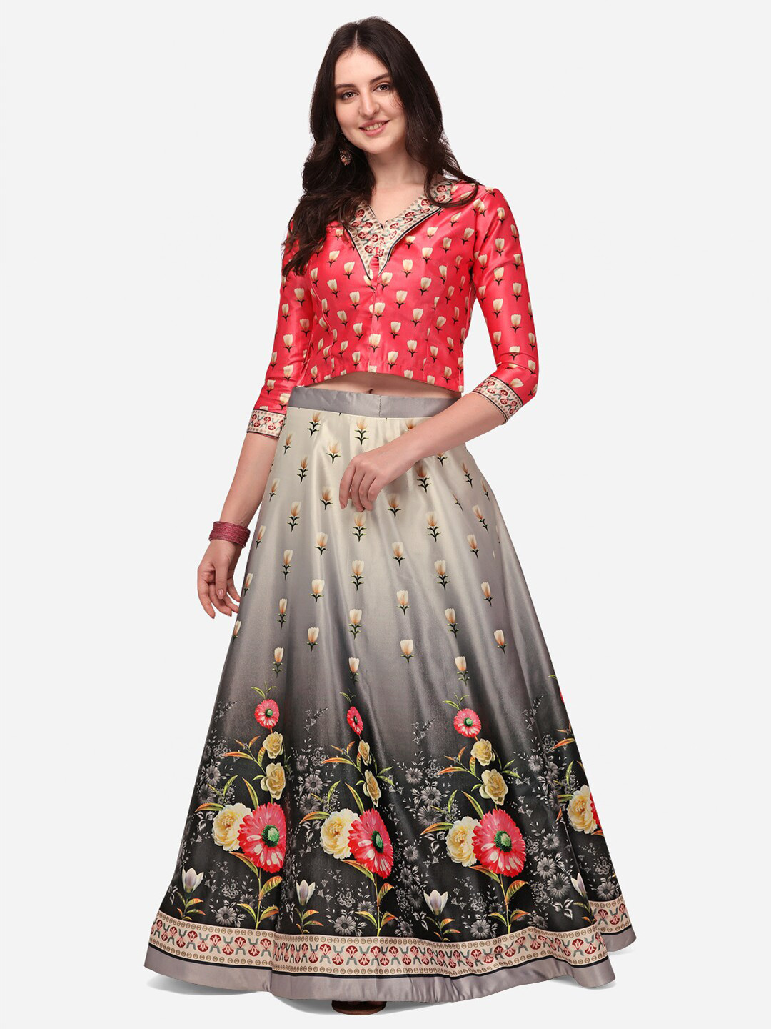 Mitera Black & Cream-Coloured Printed Semi-Stitched Lehenga & Unstitched Blouse With Dupatta
