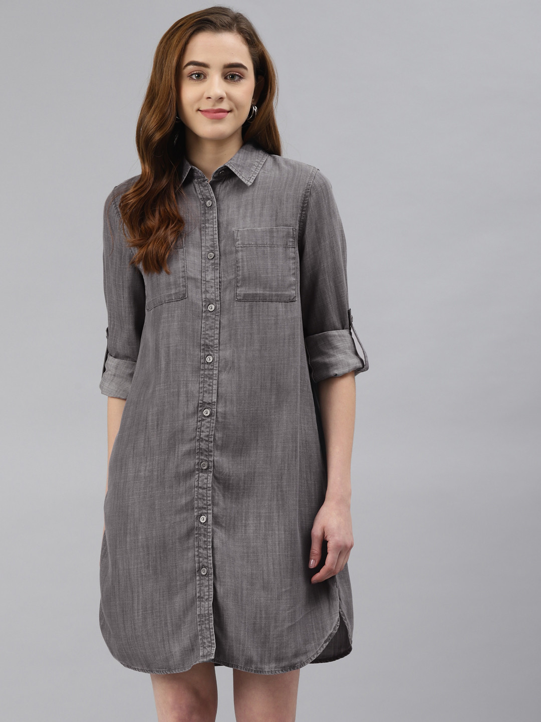 Marks & Spencer Grey Solid Shirt Collared  A-Line Dress