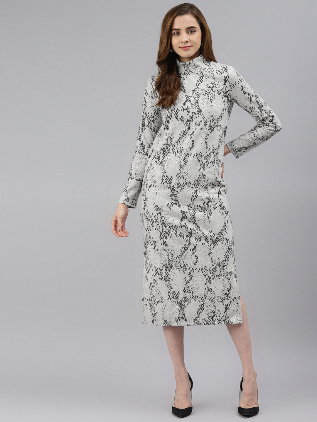 Marks & Spencer Grey & White Geomtric Printed High Neck  A-Line Dress