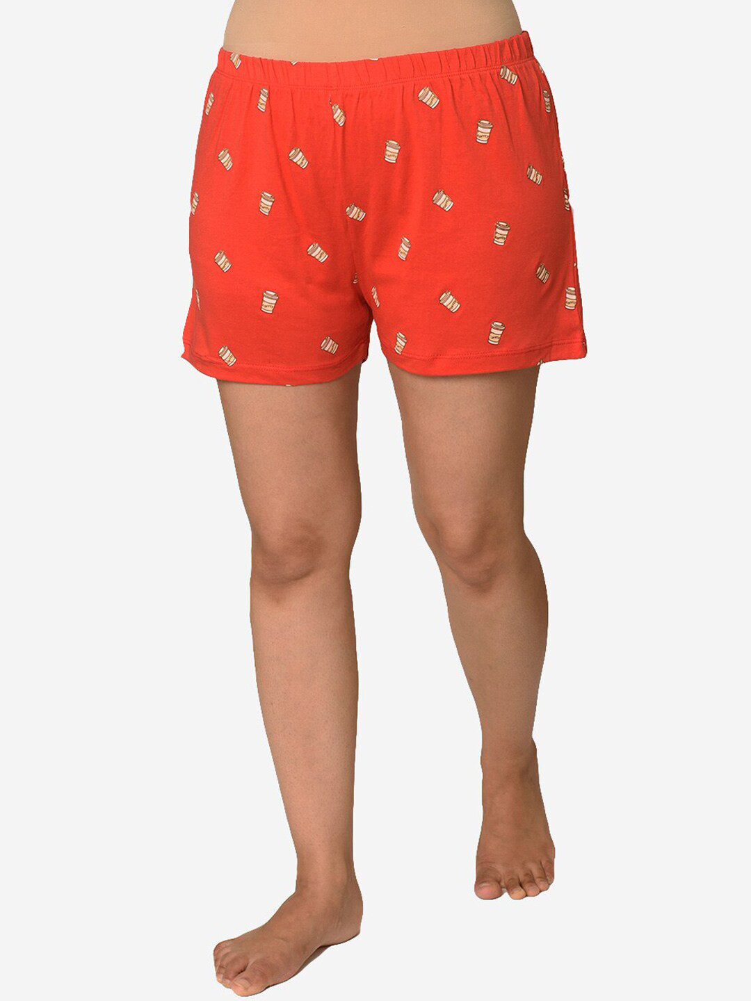 Soxytoes Women Red Ok But First Coffee Printed Cotton Shorts