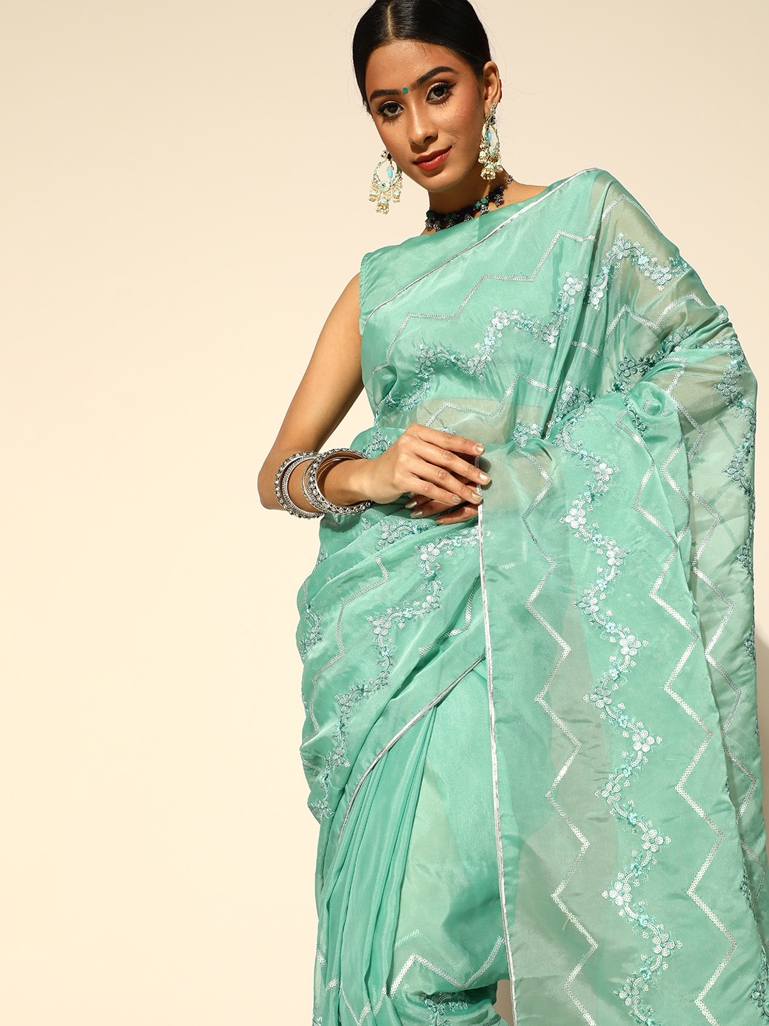 Inddus Sea Green Floral Saree with Embroidered border