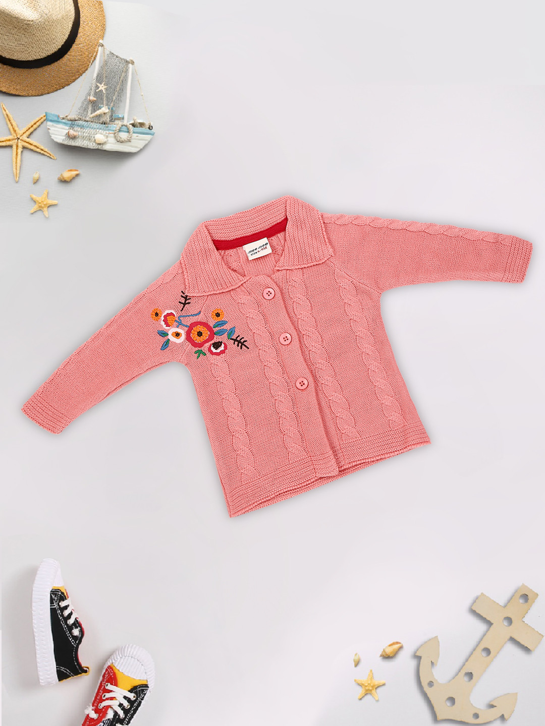MeeMee Girls Pink & Red Cable Knit Cardigan with Embroidered Detail