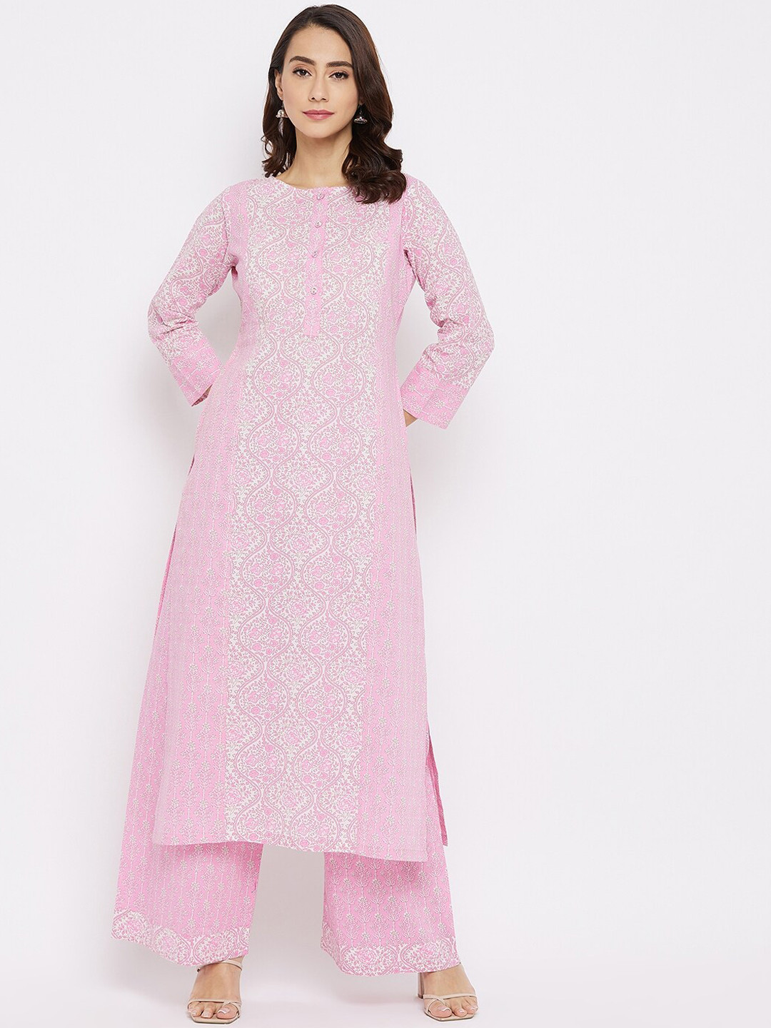 Tissu Women Pink Ethnic Motifs Printed Panelled Pure Cotton Kurta with Palazzos