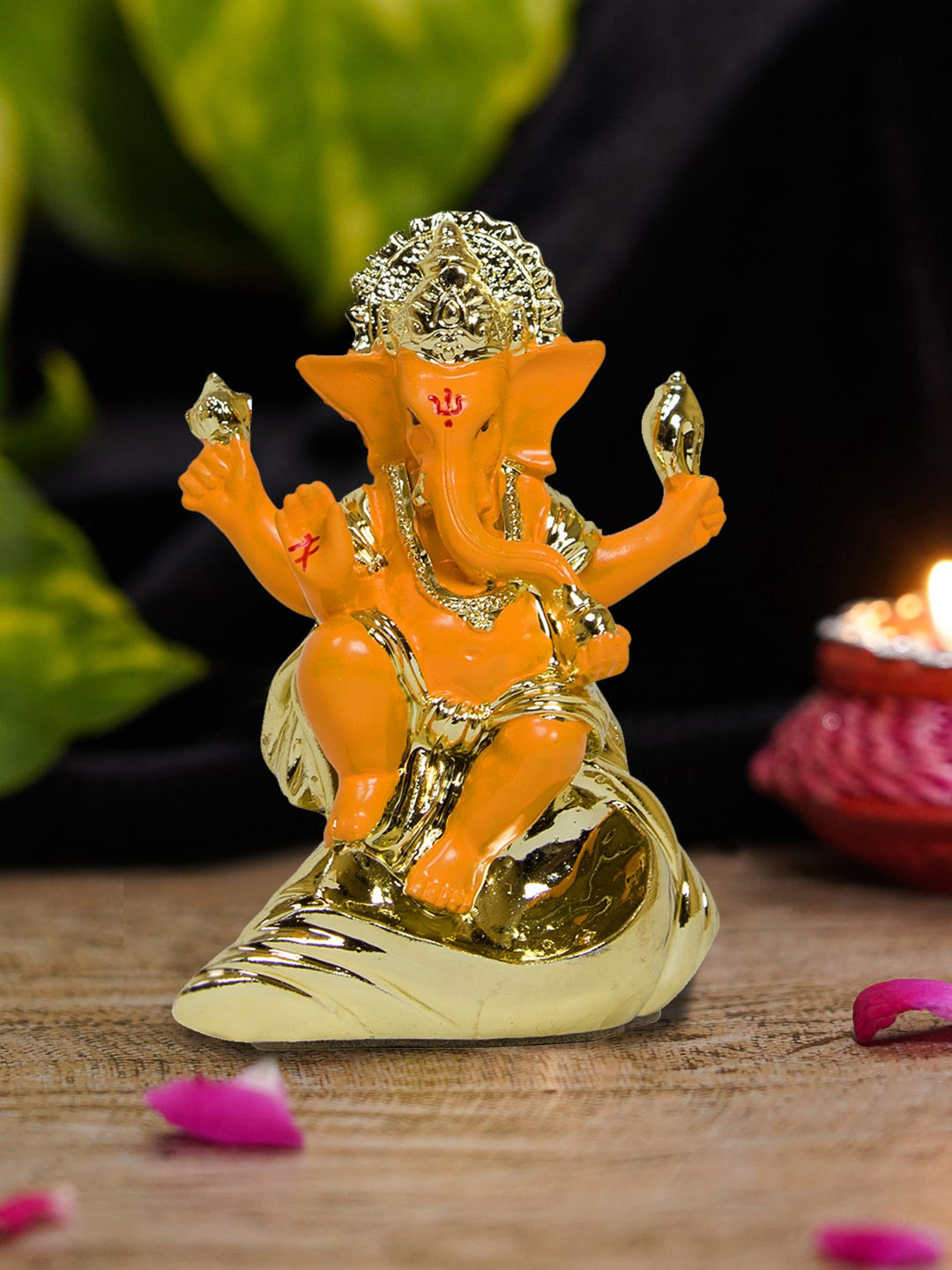 TIED RIBBONS Ganesh Orange Polyresin Natural Prayer Room Tiny Showpiece - 3.1 Inches