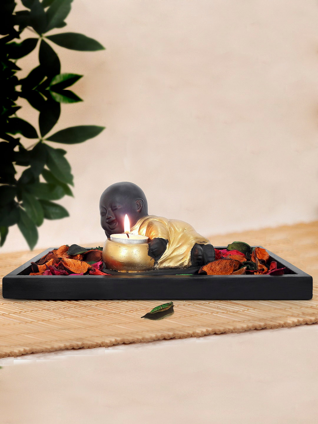 TIED RIBBONS Buddha Monk Black Polyresin Natural Prayer Room Set of 4 Tiny Showpieces - 3.7 Inches