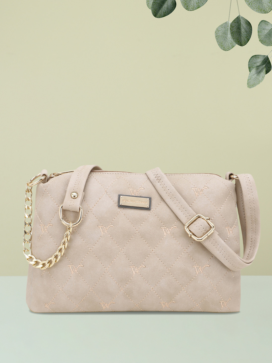 WOMEN MARKS Cream-Coloured PU Structured Quilted Sling Bag