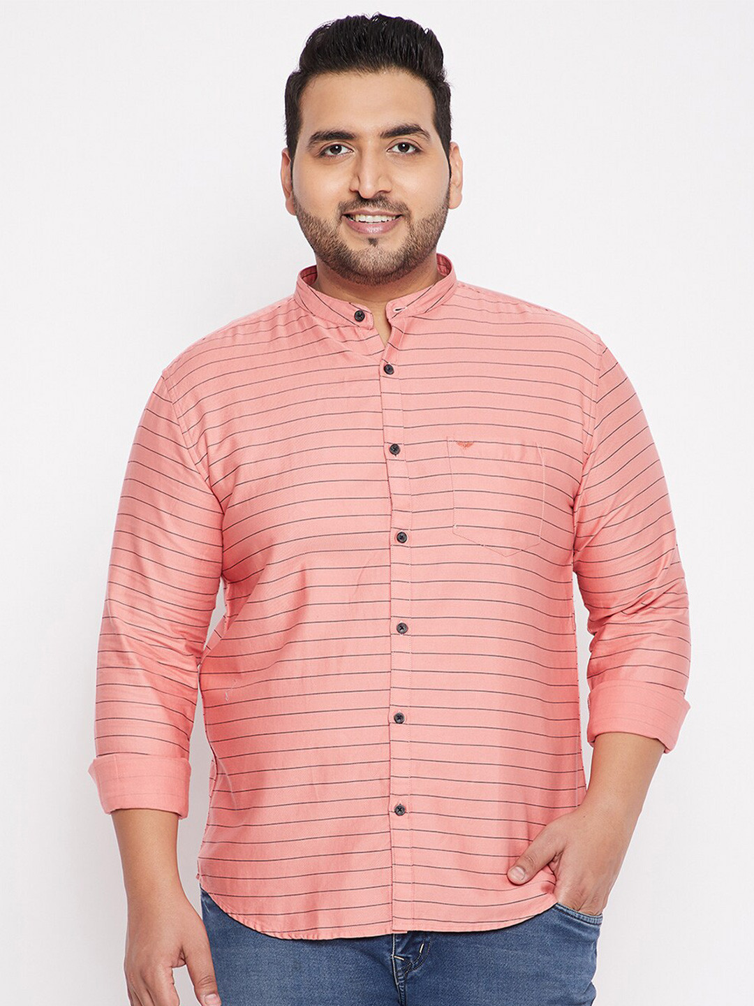 SHOWOFF Plus Men Orange Horizontal Stripes  Striped Casual Shirt