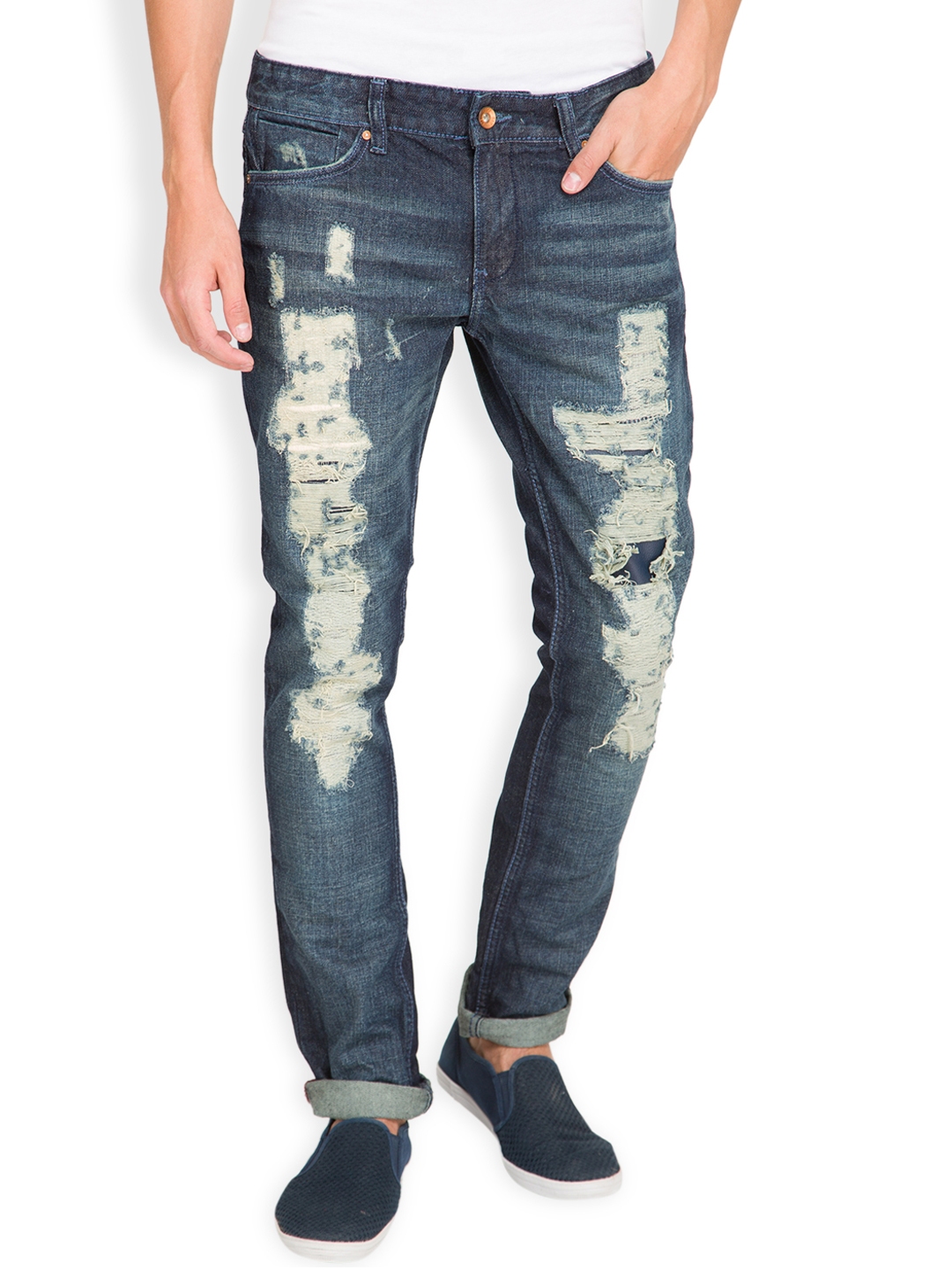 LOCOMOTIVE Men Blue Slim Fit Mid Rise Highly Distressed Jeans