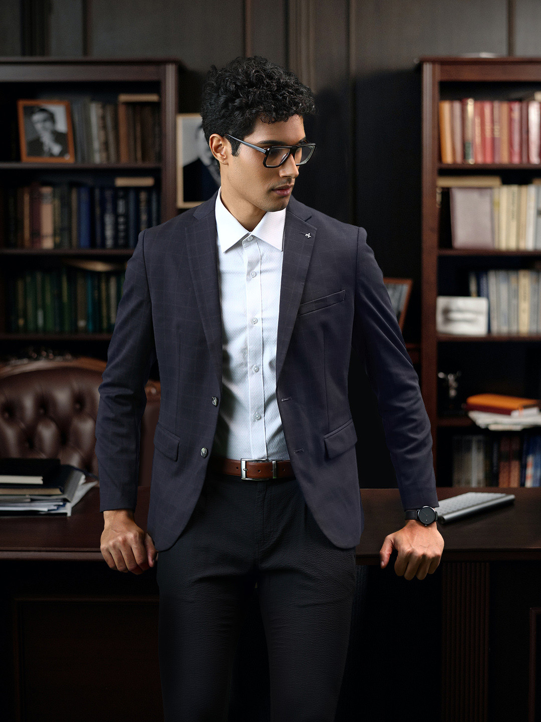 Arrow Men Blue & Grey Checked Single-Breasted Casual Blazer