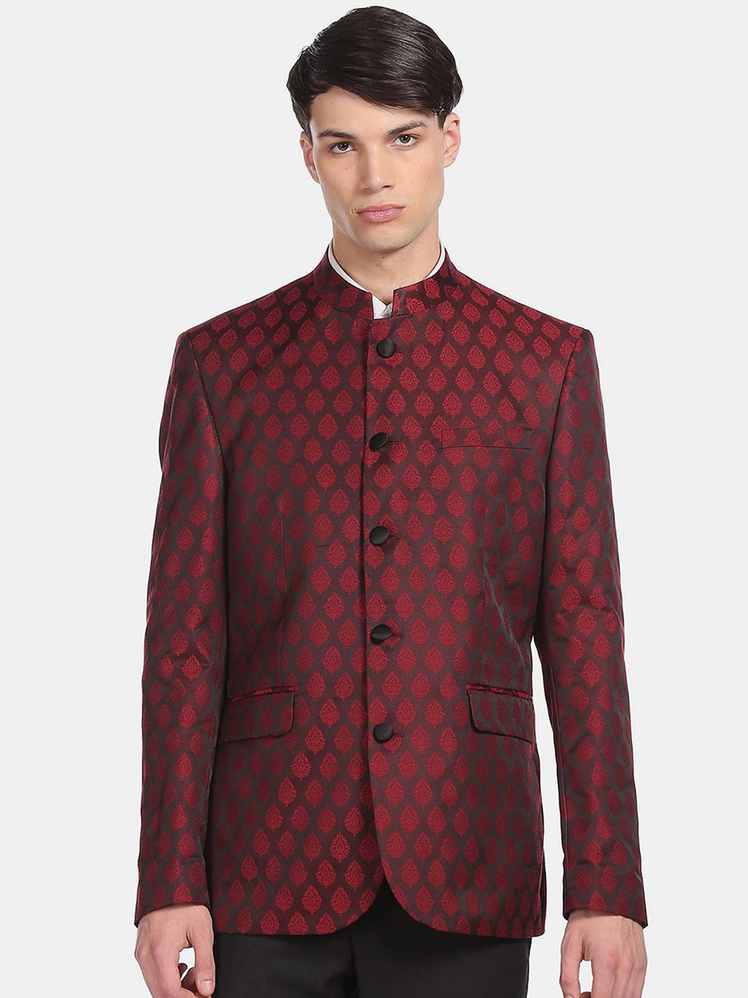 Arrow Men Maroon Printed Bandhgala Blazer