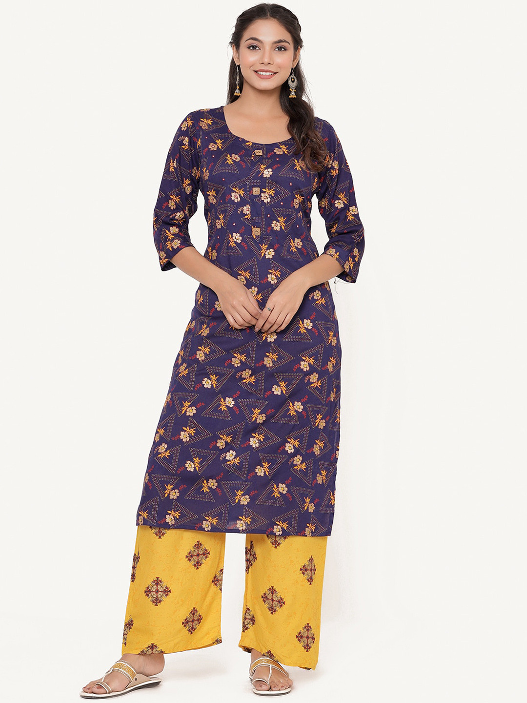ANAISA Women Blue Floral Printed Mirror Work Kurta with Palazzos