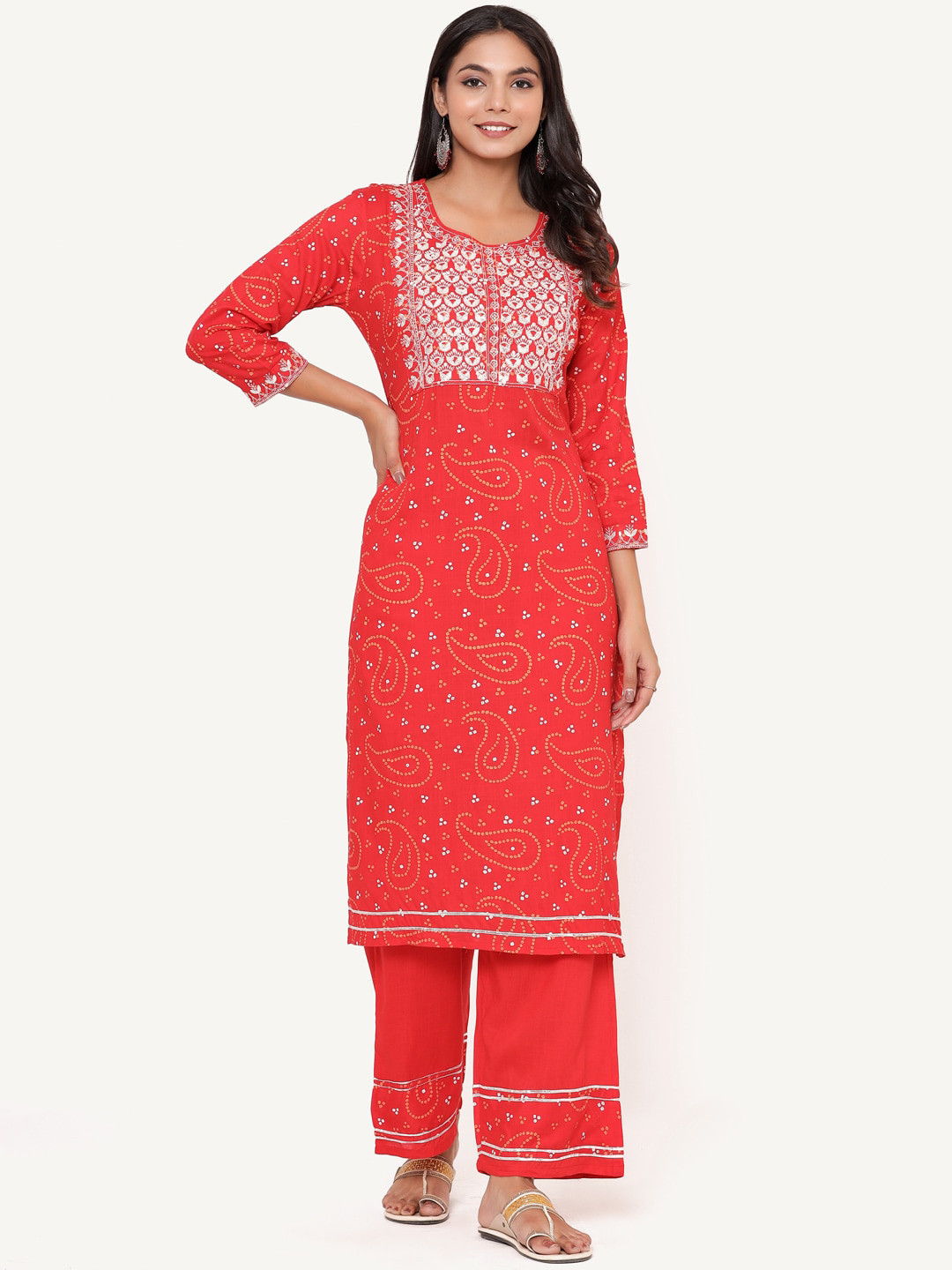 ANAISA Women Red Ethnic Motifs Embroidered Kurta with Palazzos