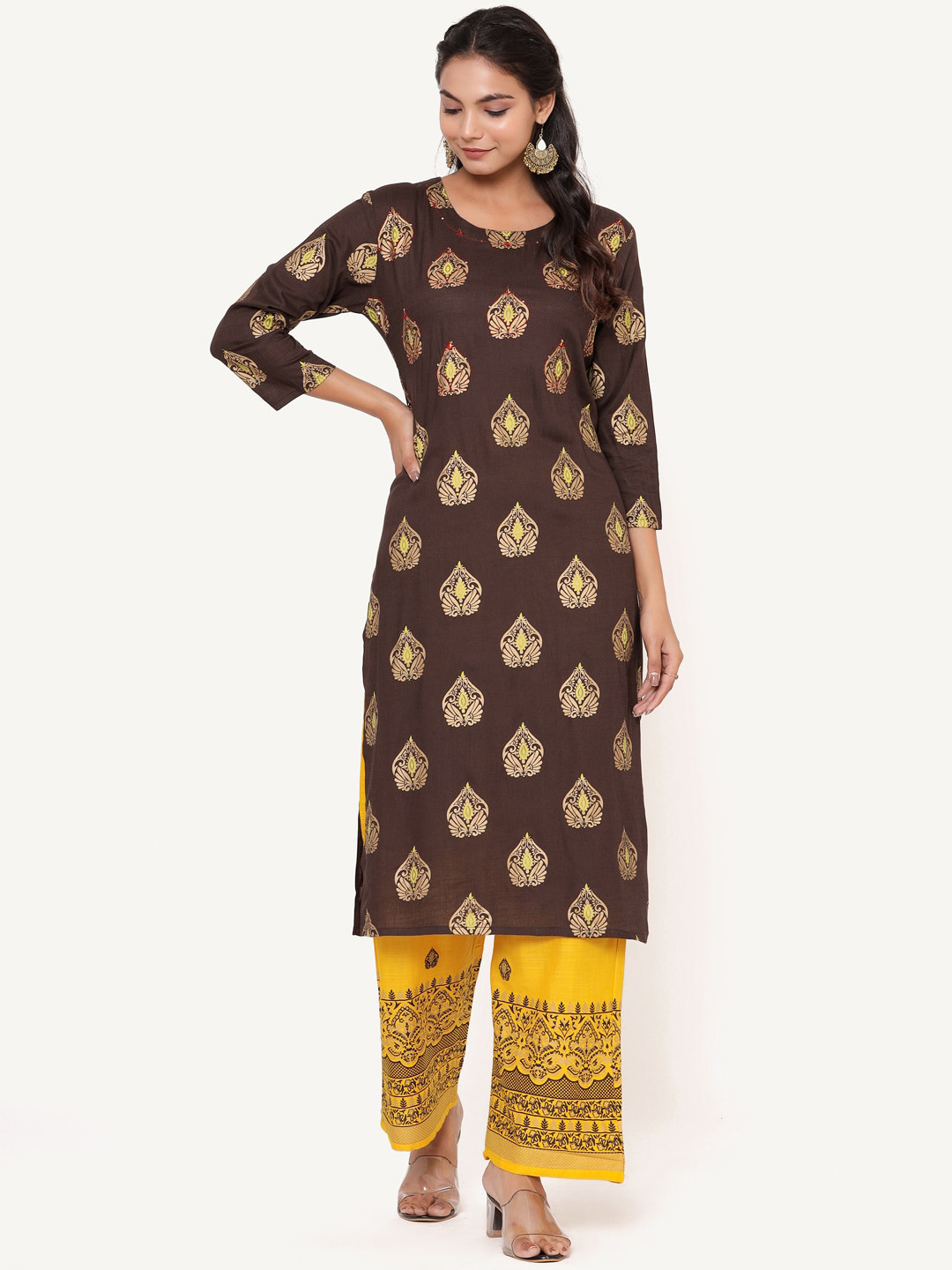 ANAISA Women Brown Ethnic Motifs Printed Regular Kurta with Palazzos