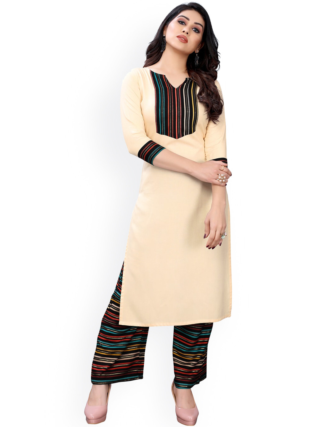 KALINI Women Cream-Coloured & Black Yoke Design Kurta