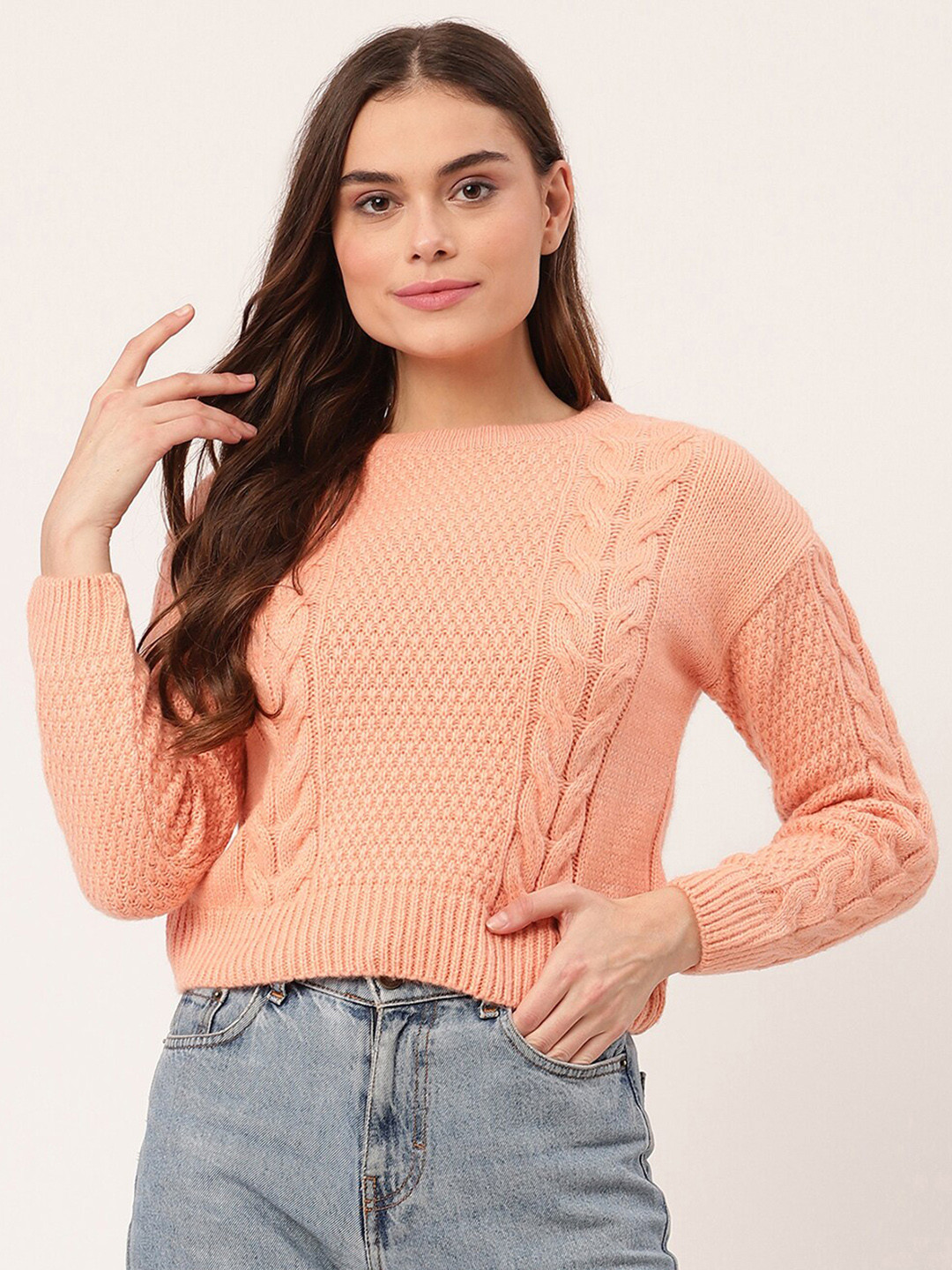 ELLE Women Coral Cable Knit Pure Cotton Pullover