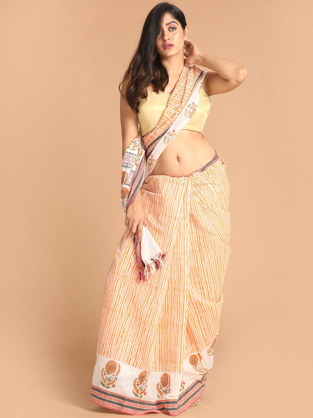 Indethnic Pink & Orange Ethnic Motifs  Block Print Pure Cotton Saree
