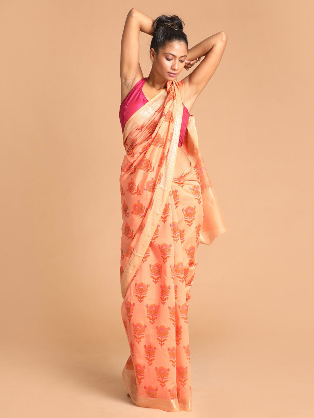 Indethnic Coral & Pink Poly Cotton Saree