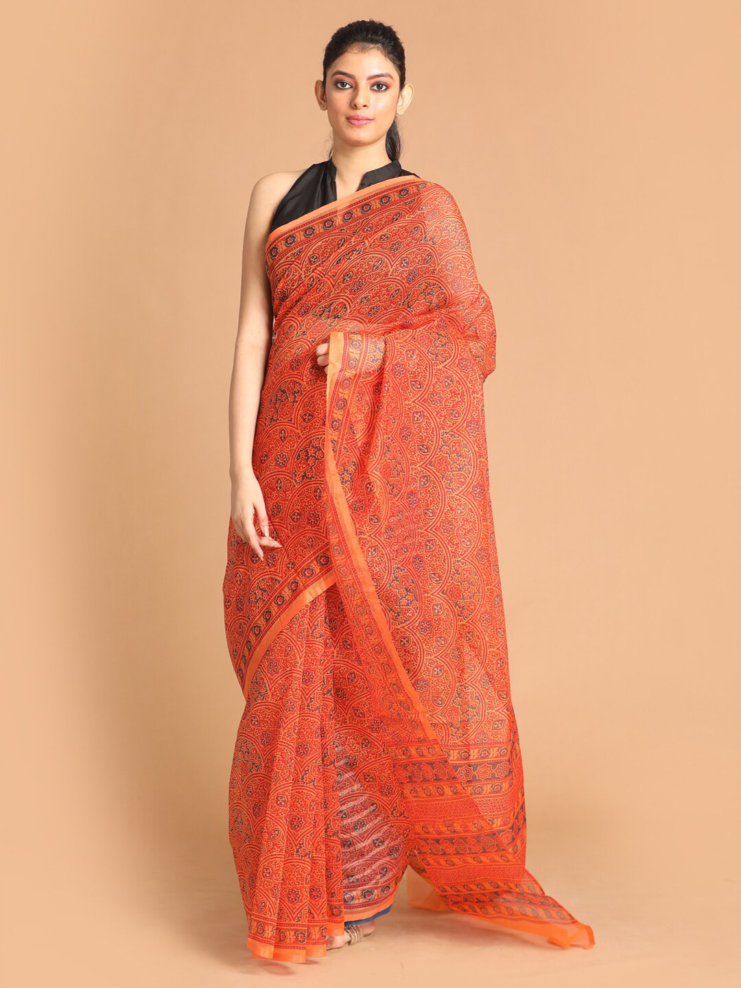 Indethnic Mustard & Navy Blue Ethnic Motifs Zari Supernet Saree