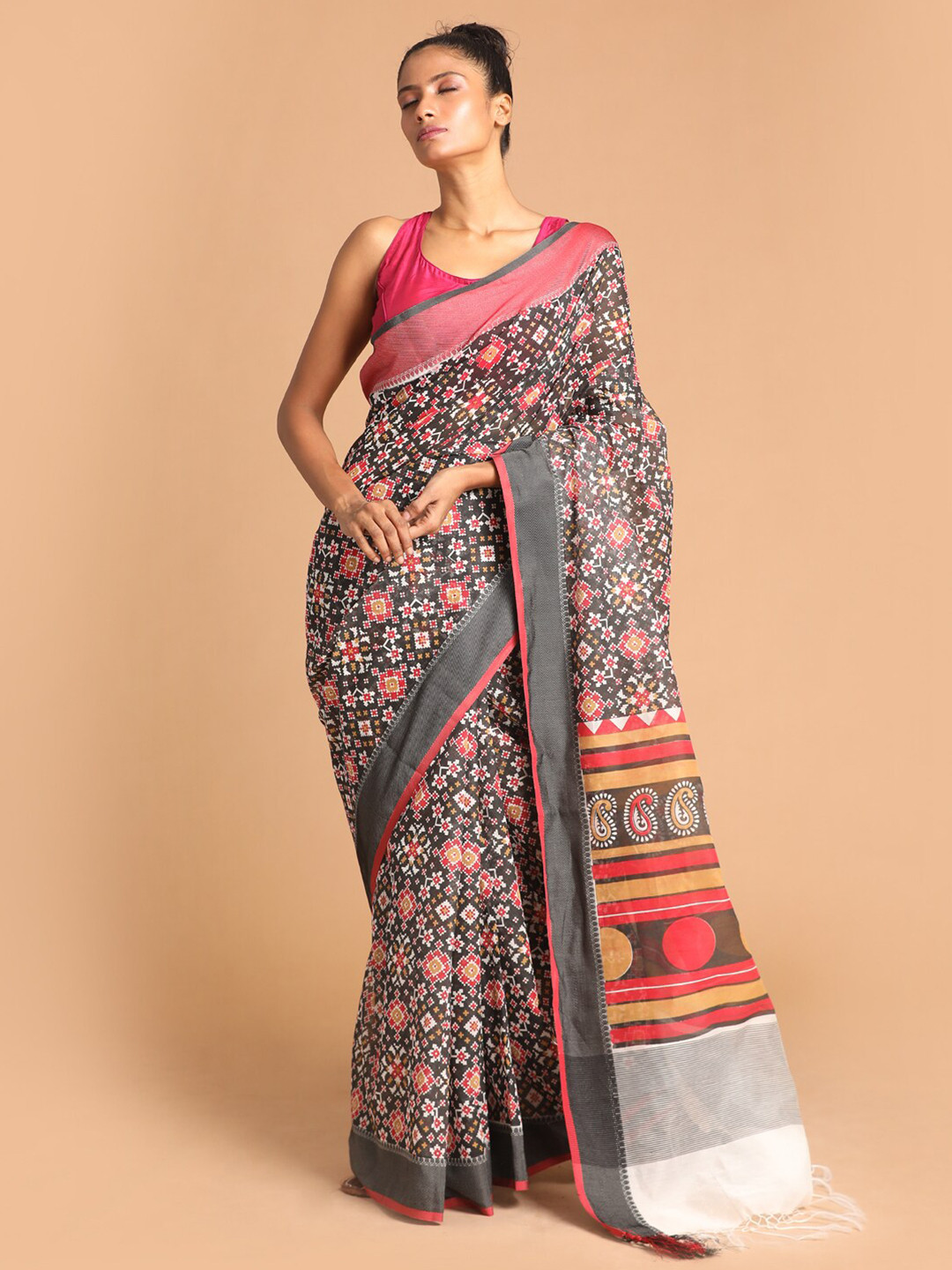 Indethnic Black & Red Floral Printed Patola Saree