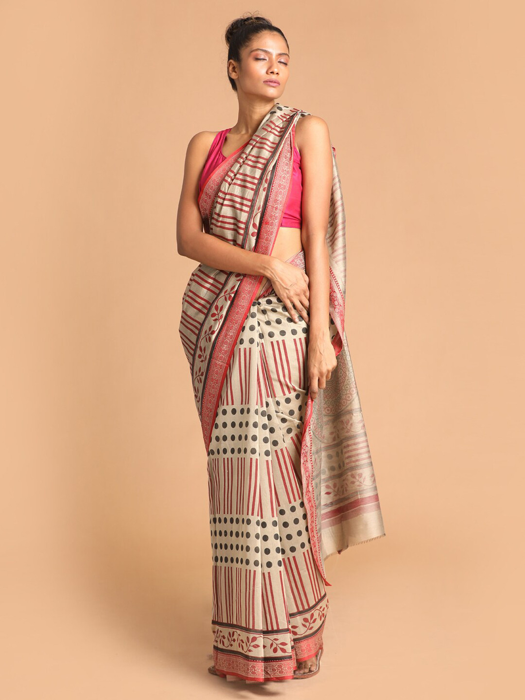 Indethnic Maroon & Tan Printed Saree