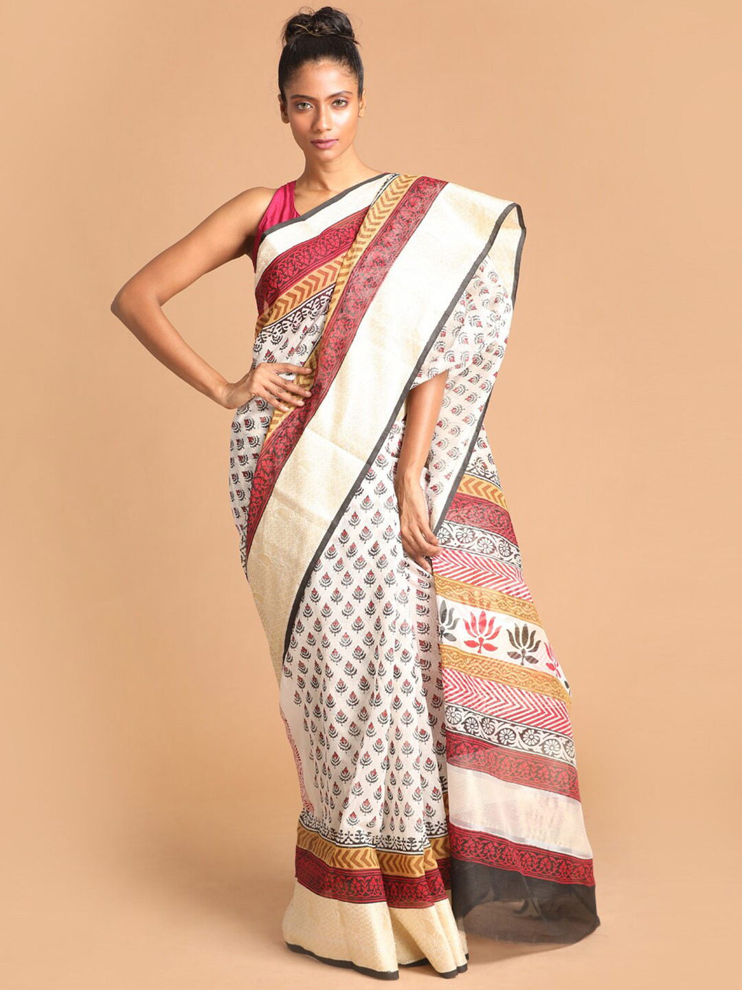 Indethnic Black & Brown Block Print Saree