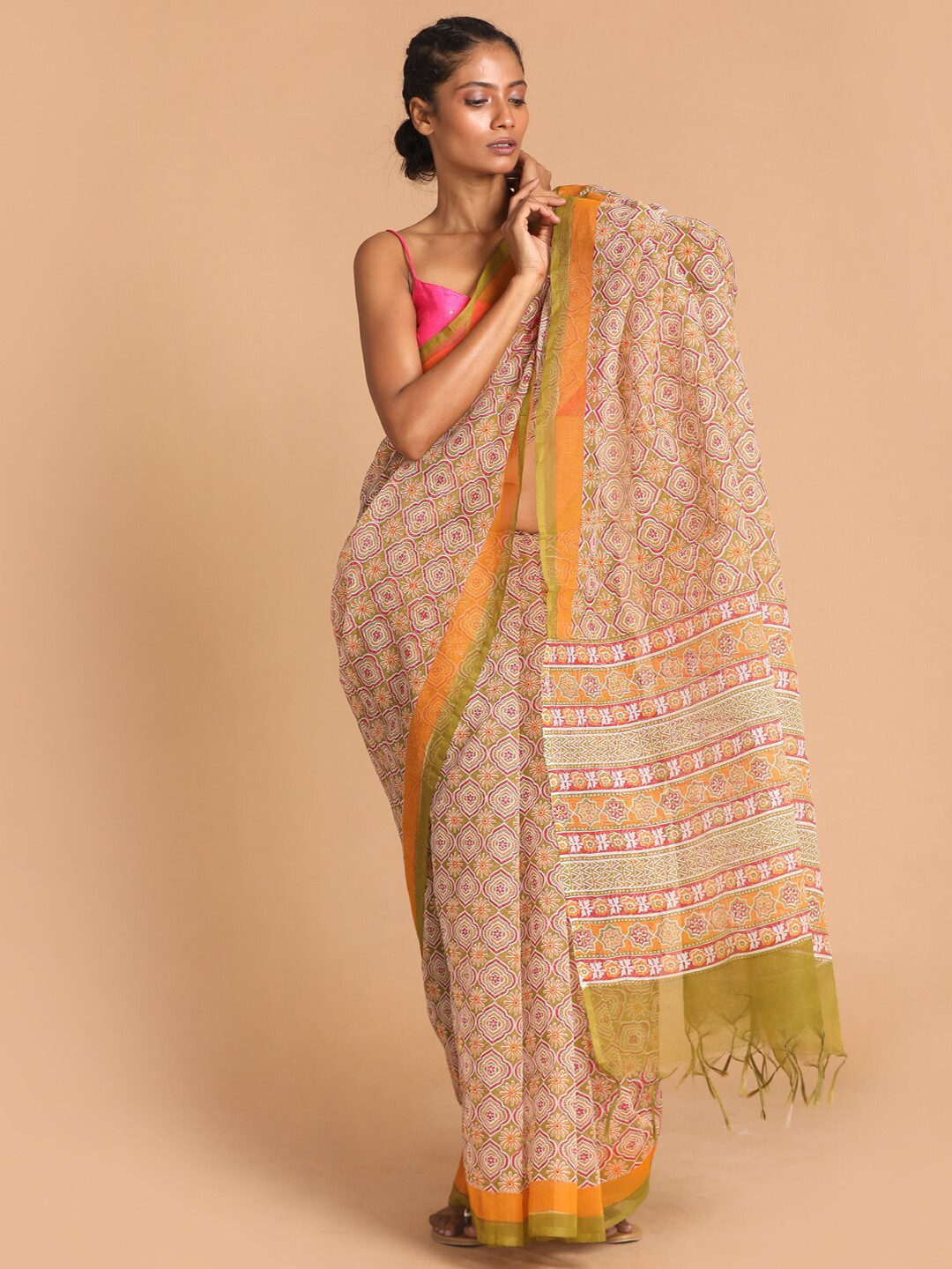 Indethnic Women Olive Printed Cotton Blend Saree