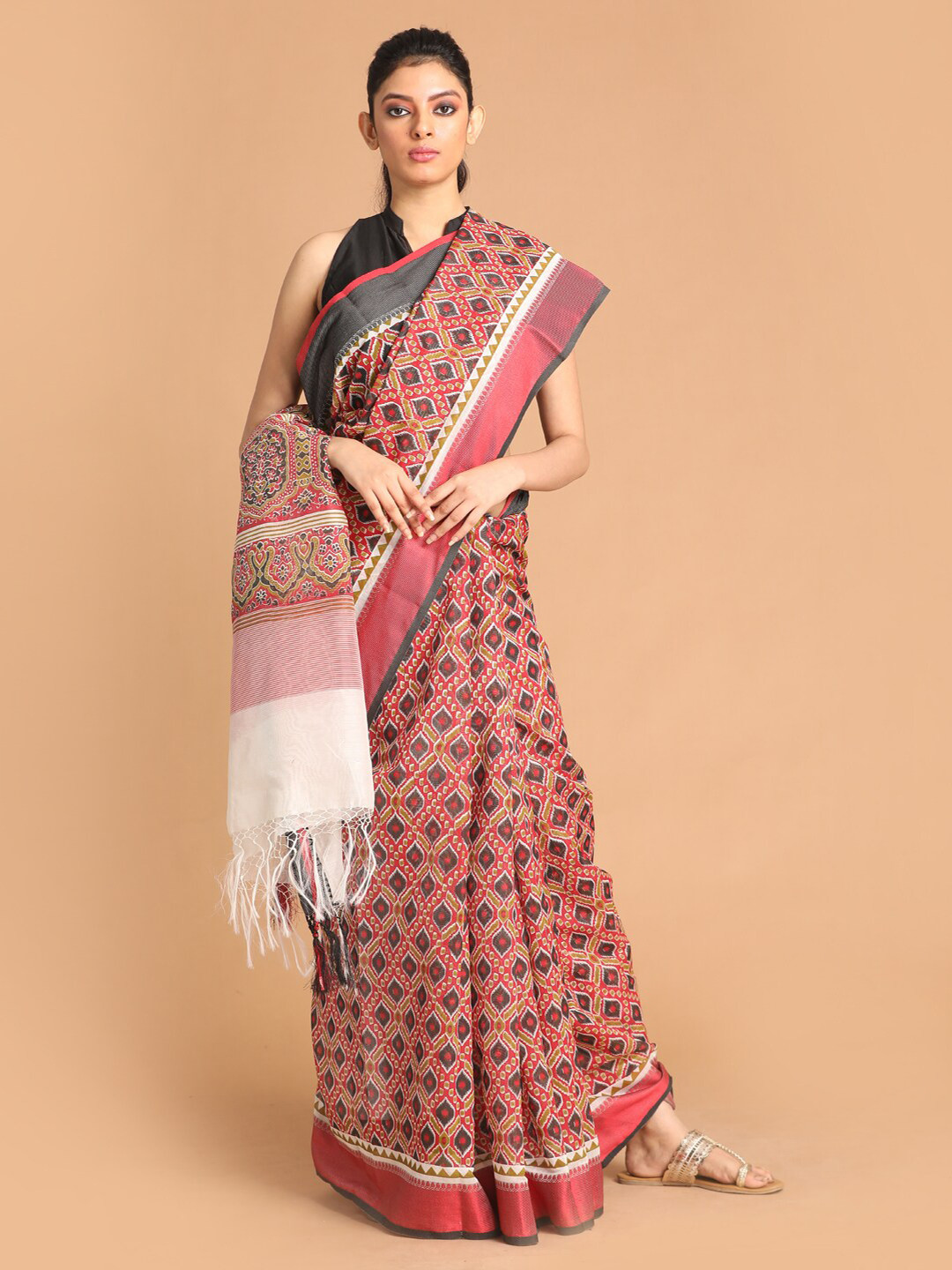 Indethnic Maroon & Black Ethnic Motifs Patola Saree