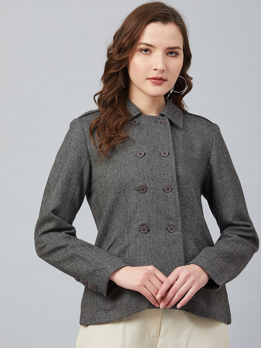 Marie Claire Women Charcoal Self Design Woollen Tailored Jacket
