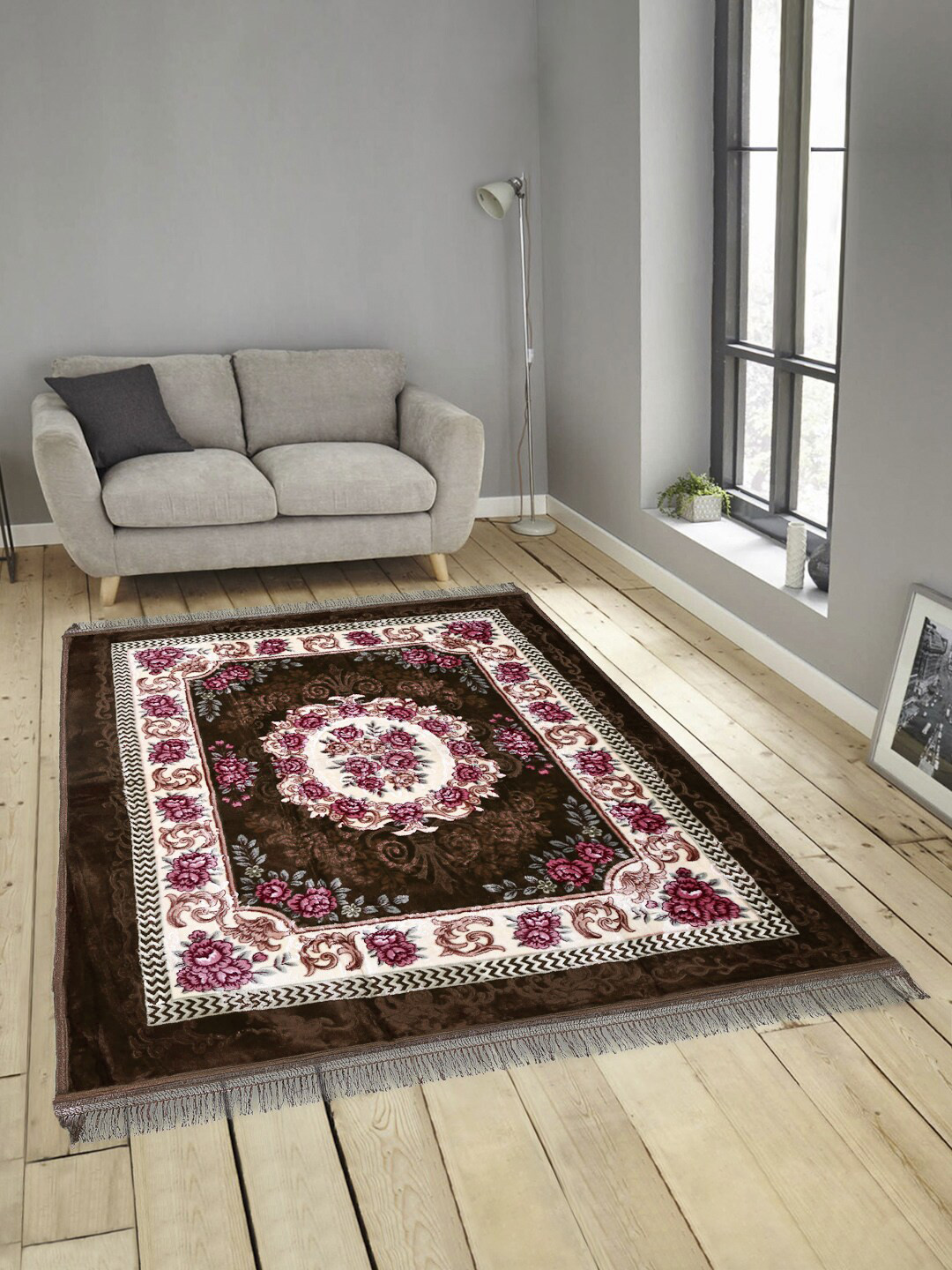 KLOTTHE Brown & White Floral Printed Traditional Carpets 195X140 cm