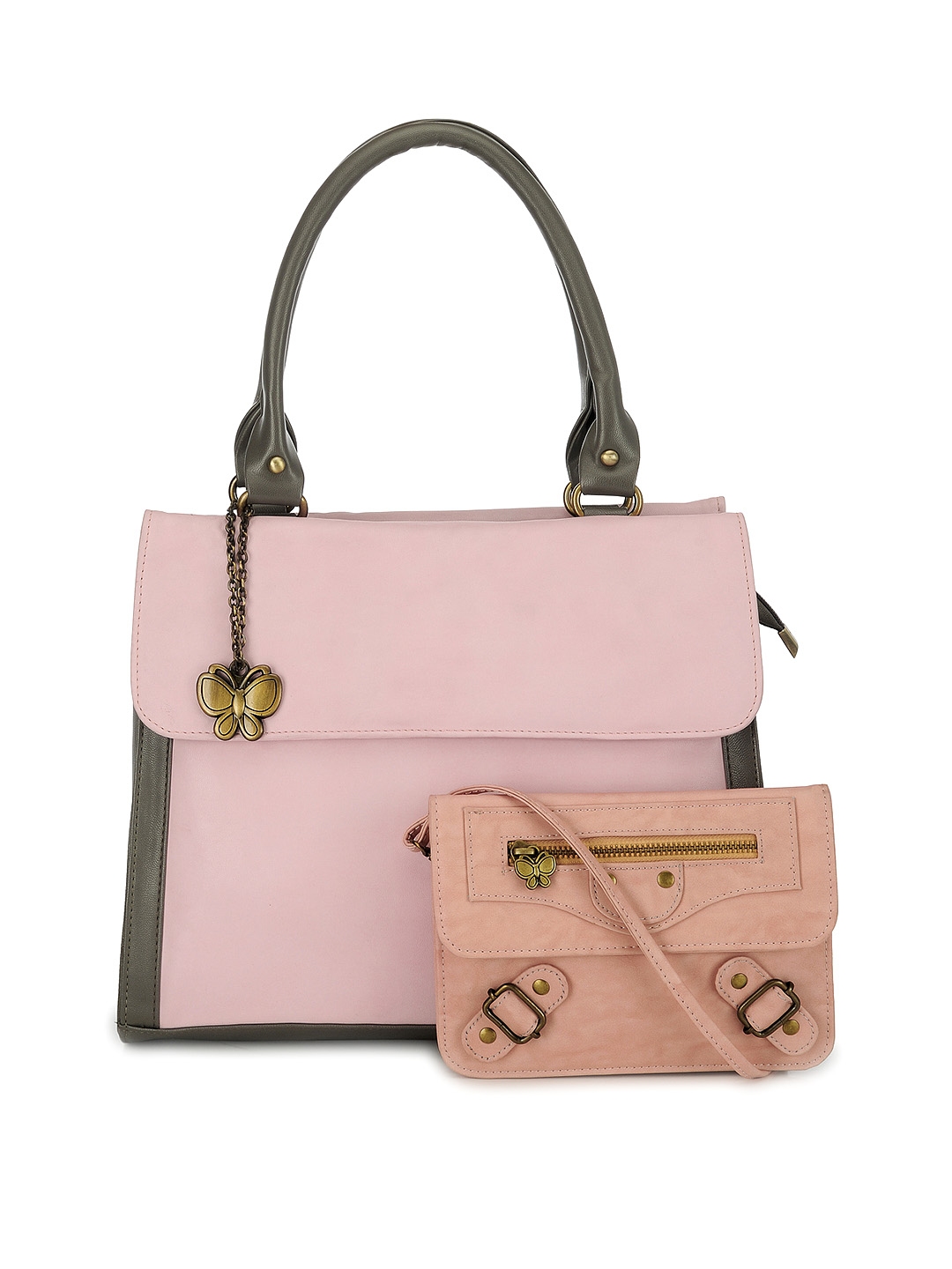 Butterflies Pink Grey Handbag with Sling Bag