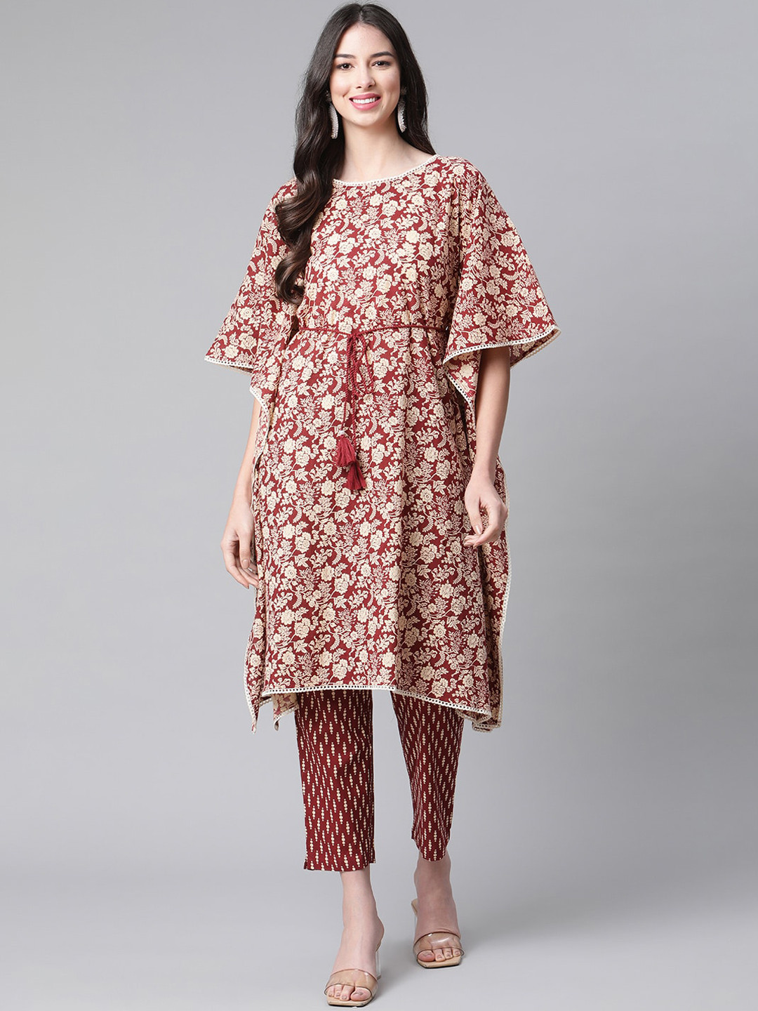 Indibelle Woman Maroon Ethnic Motifs Printed Pure Cotton Kurta with Trousers
