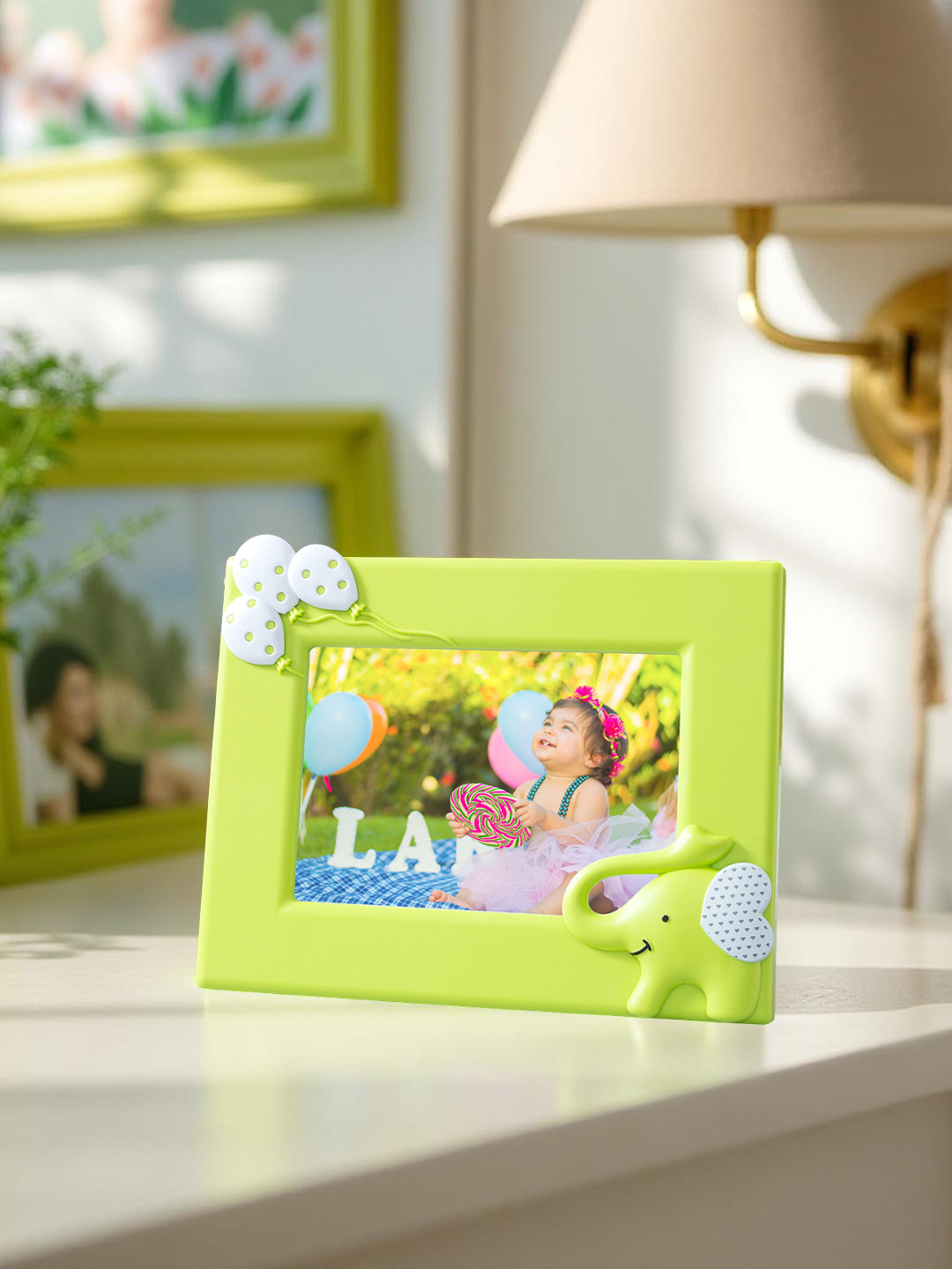 Golden Peacock Green & Grey Elephant Horizontal Table-Top Photo Frame