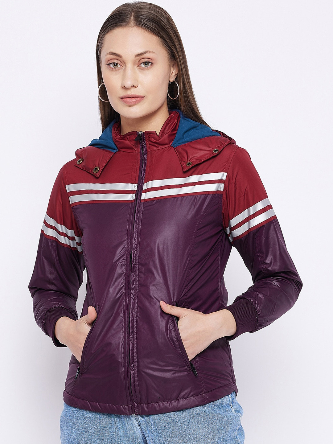 JUMP USA Women Maroon Purple Colourblocked Bomber Jacket