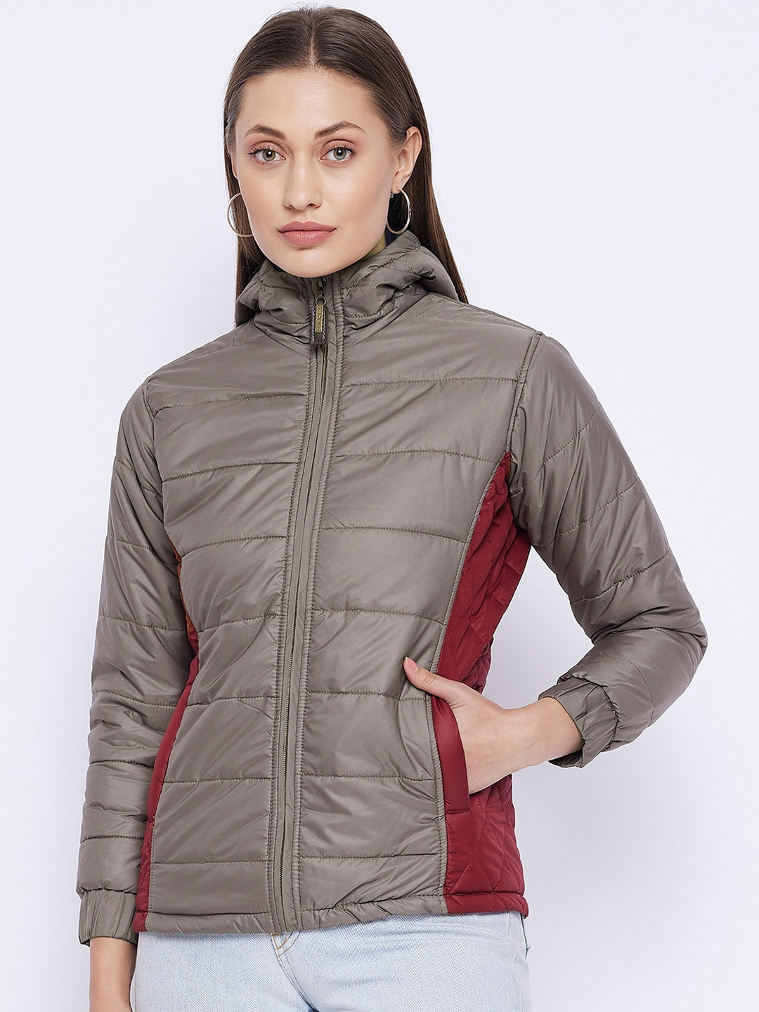 JUMP USA Women Khaki & Maroon Colourblocked Padded Jacket