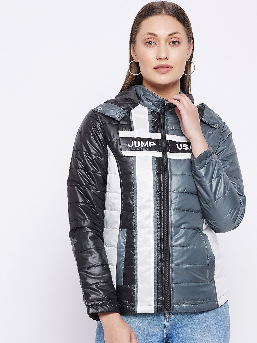JUMP USA Women Grey Washed Puffer Jacket with Patchwork