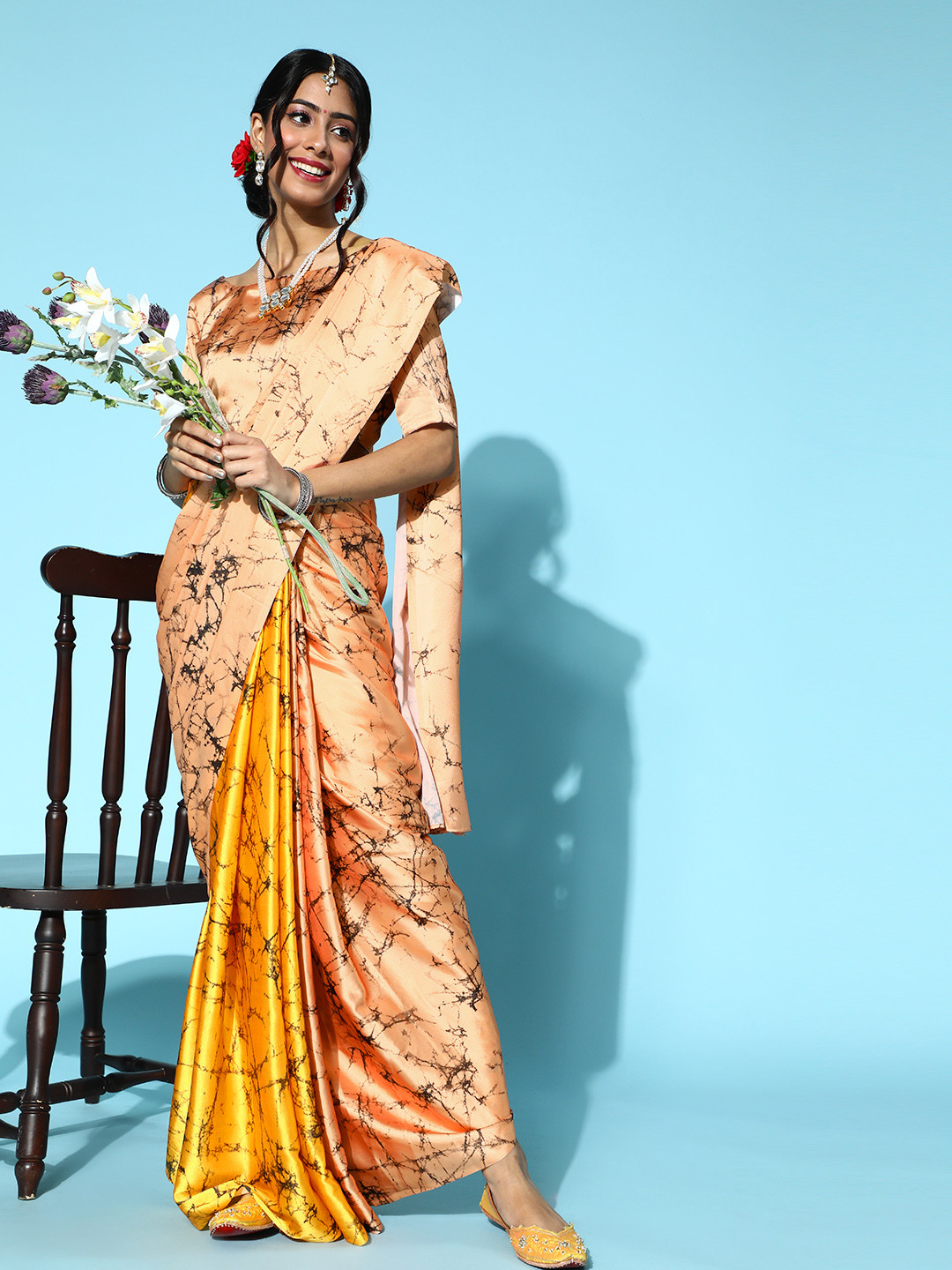 Mitera Peach-Coloured & Yellow Tie and Dye Poly CrepeSaree