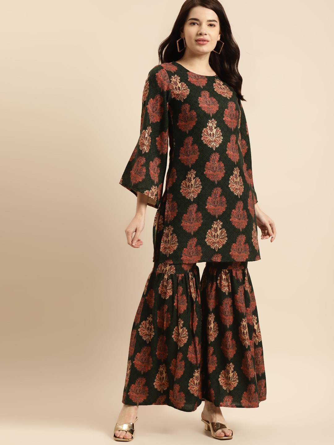 anayna Women Green Ethnic Motifs Printed Kurta with Sharara
