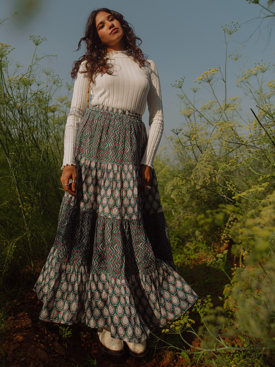 Anayna Women Blue And White Printed Cotton Tiered Long Skirt