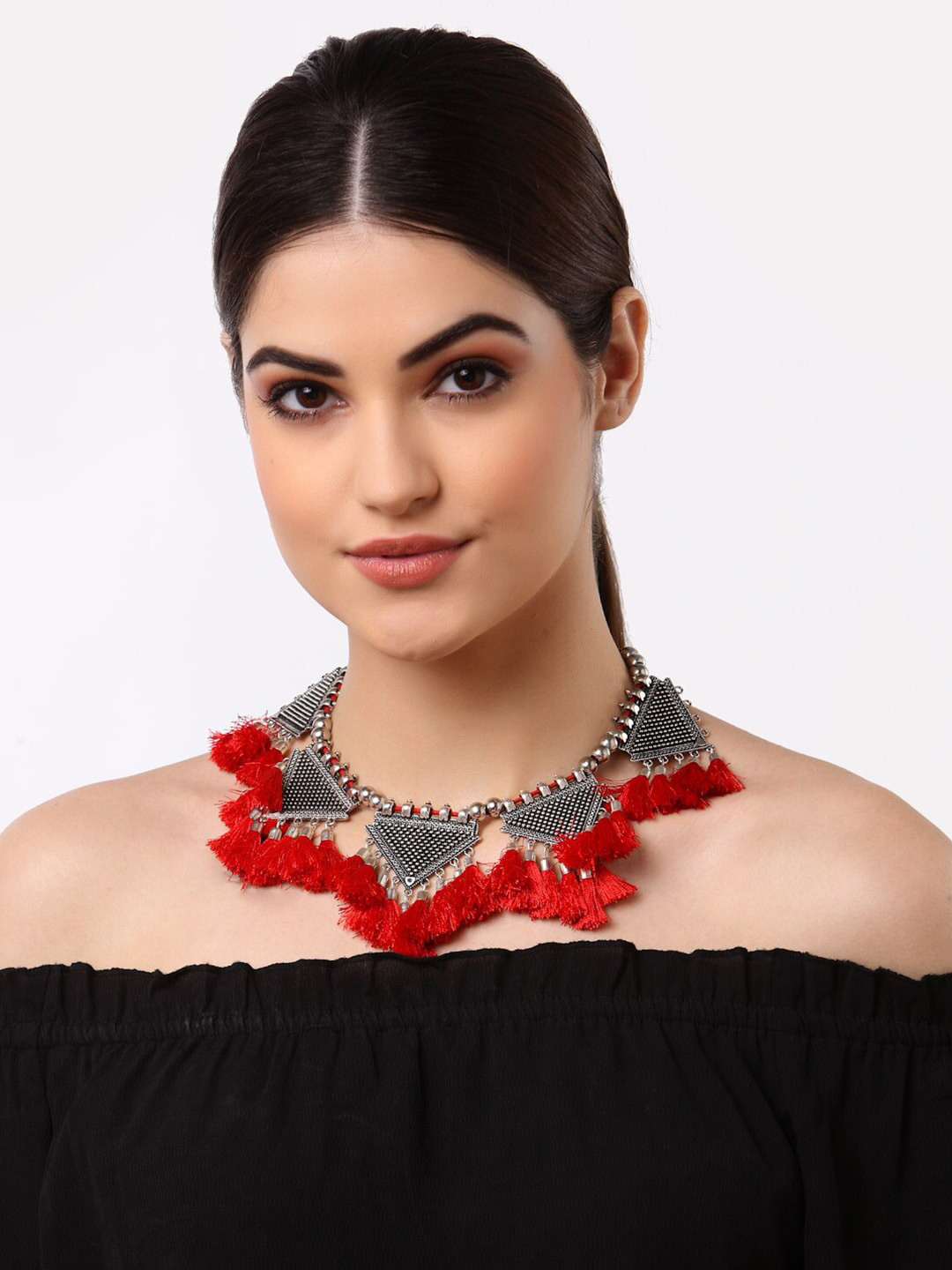 Arrabi Silver-Toned & Red Tasselled Necklace