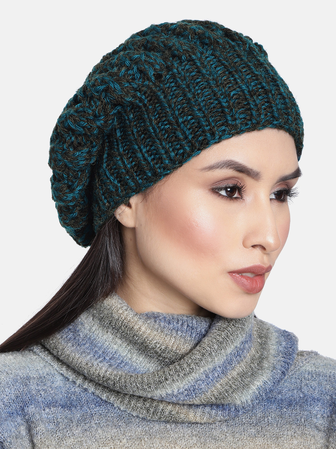 Magic Needles Women Teal Blue & Black Handknitted Woollen Beanie