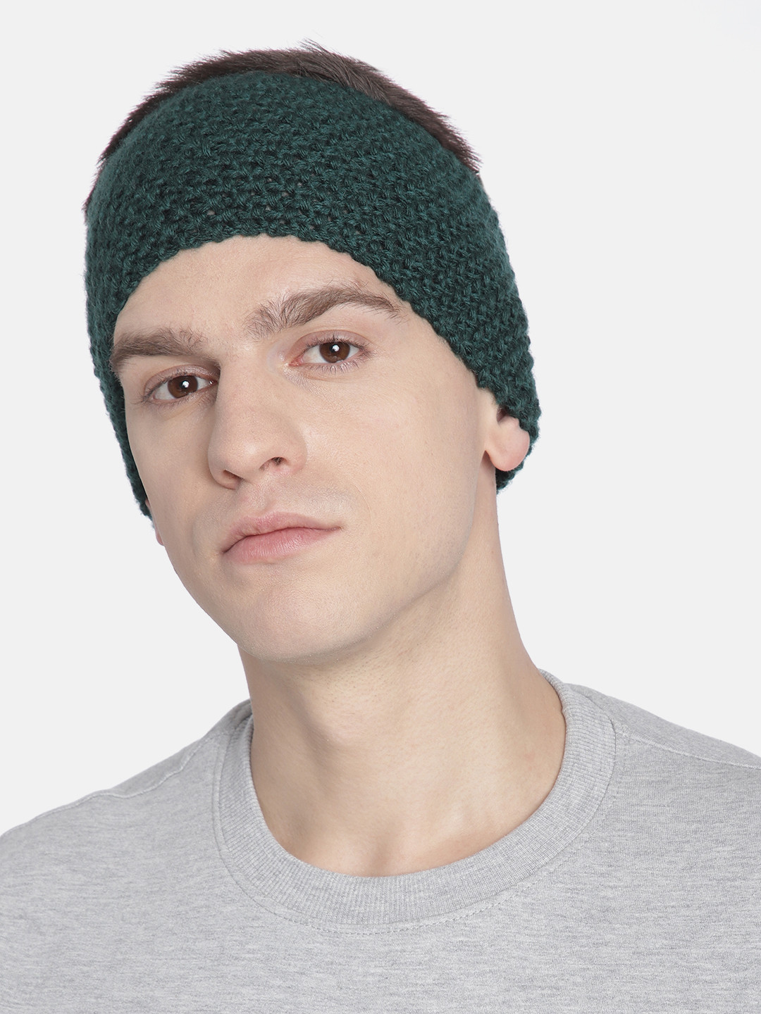 Magic Needles Men Dark Green Self-Design Knitted Bandana Woollen Headband