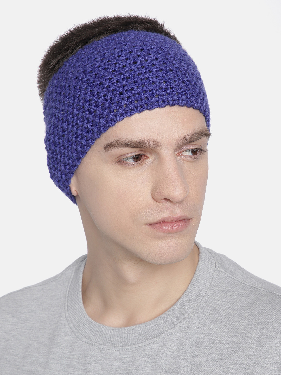 Magic Needles Men Ink Blue Self-Design Knitted Bandana Woollen Headband