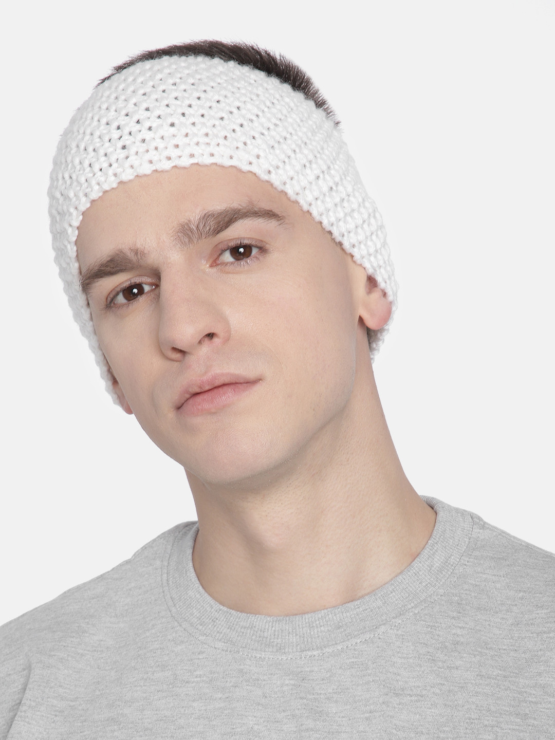Magic Needles Men White Self-Design Knitted Bandana Woollen Headband